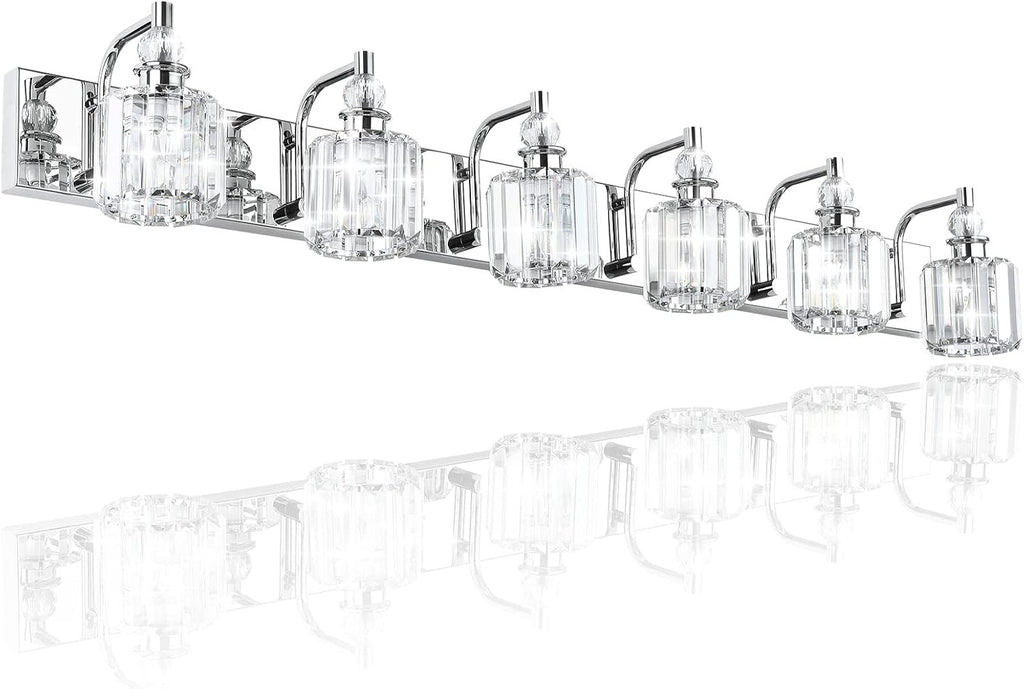 Ralbay Crystal Vanity Lights 6 Light 48' Modern Crystal Bathroom Lights Fixtures Over Long Mirror Stainless Steel Chrome Vanity Light for Bathroom Wall Lights Fixtures