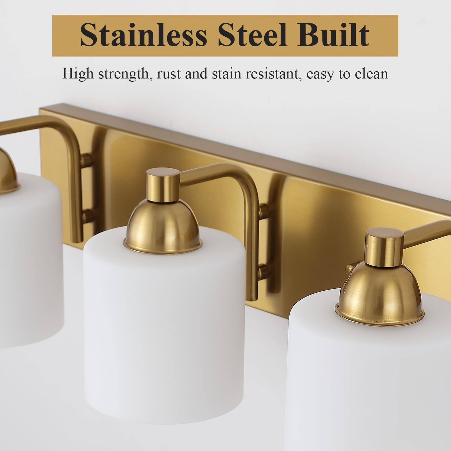 Mecgirn Stainless Steel Milk Glass Vanity Lights for Bathroom, 3 Light Gold Bathroom Light Fixtures Over Mirror, Ceramic E26 Sockets Wall Mounted