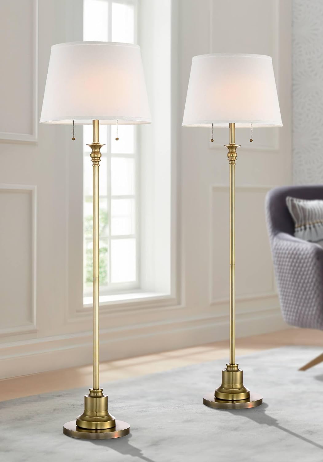 360 Lighting Spenser Traditional 58' Tall Standing Floor Lamps Set of 2 Lights Pull Chain Gold Metal Brushed Antique Brass Finish Living Room Bedroom House Reading Office Home Decor Entryway Dining