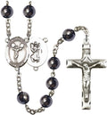 St. Christopher/Cheerleading Silver-Plated Rosary 8mm Hematite Beads Crucifix Size 1 3/4 x 1 medal charm