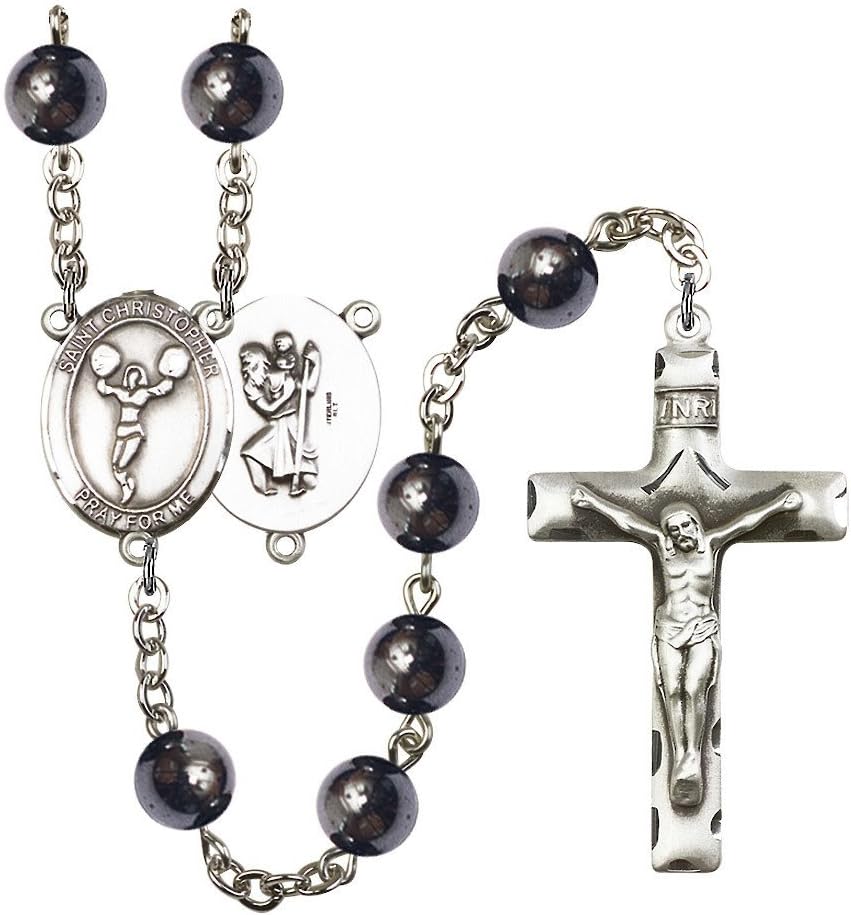 St. Christopher/Cheerleading Silver-Plated Rosary 8mm Hematite Beads Crucifix Size 1 3/4 x 1 medal charm