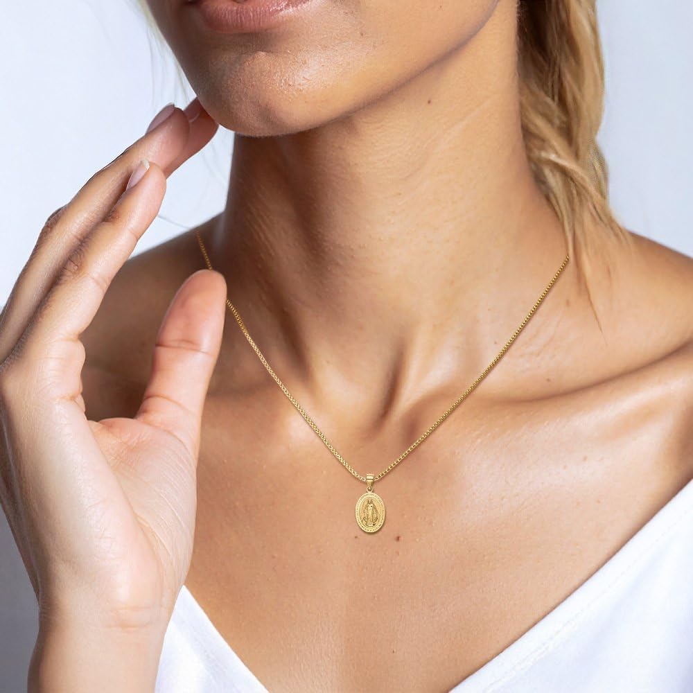 IceCarats 14K Solid Yellow Gold Medium Our Lady of Grace Miraculous Medal, Virgin Mary Pendant Necklace 21.5mm 7/8 inch Polished, Satin For Her