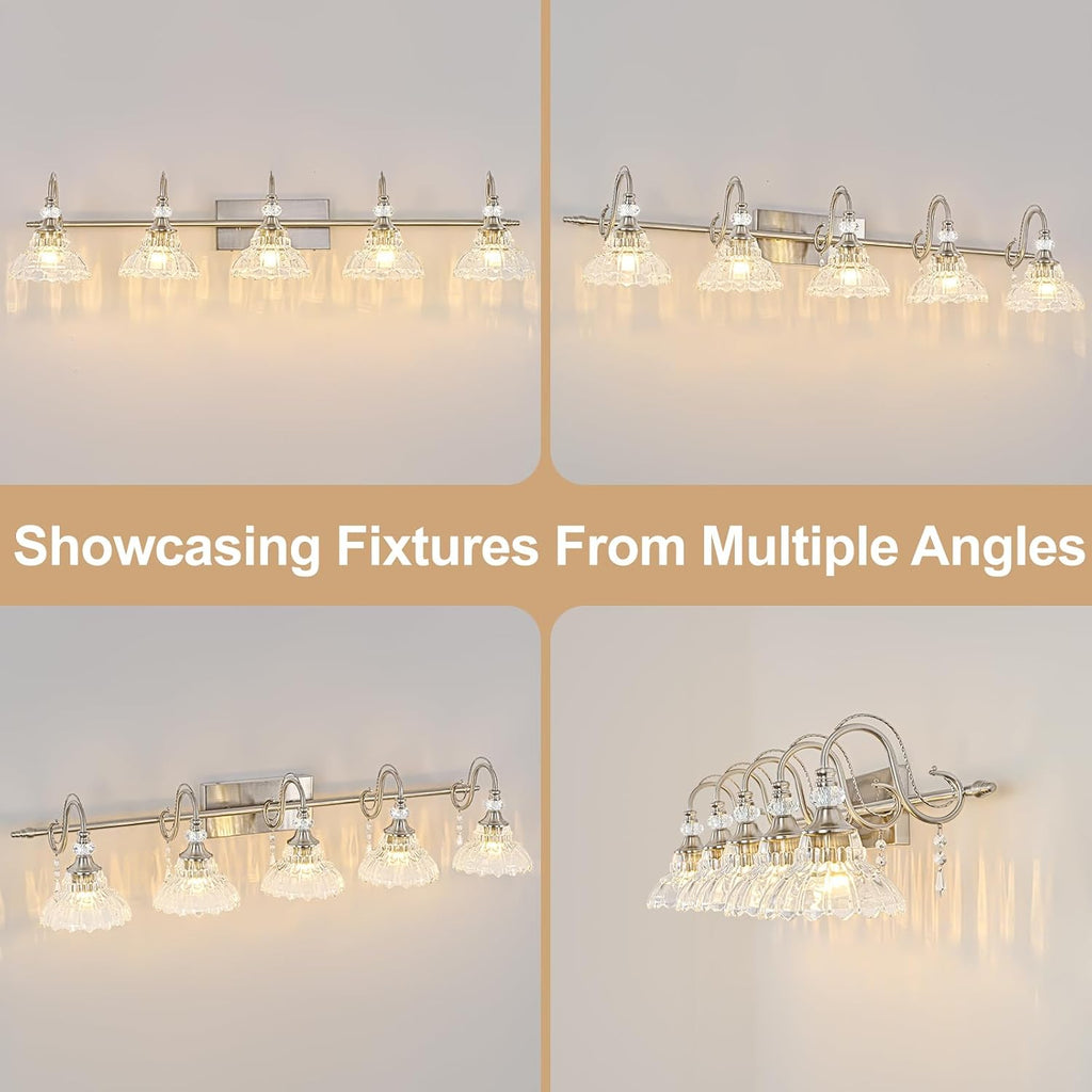 Brushed Nickel Bathroom Vanity Light, 5-Light Nickel Finish Wall Sconce with Hanging Crystal Accents and Flower-Shaped Clear Glass Shades, Modern Wall Mount Vanity Light Over Mirror for Bathroom