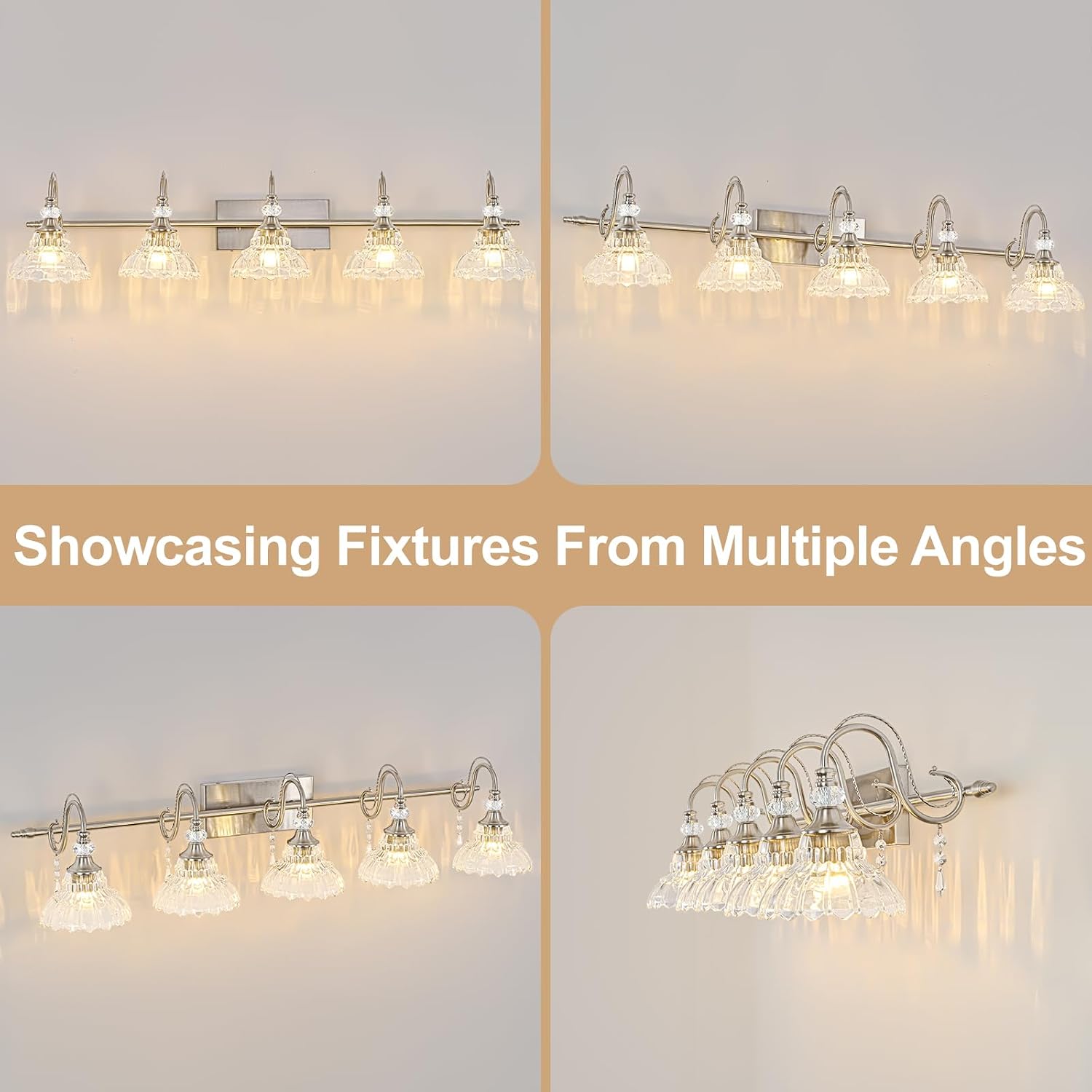 Brushed Nickel Bathroom Vanity Light, 5-Light Nickel Finish Wall Sconce with Hanging Crystal Accents and Flower-Shaped Clear Glass Shades, Modern Wall Mount Vanity Light Over Mirror for Bathroom