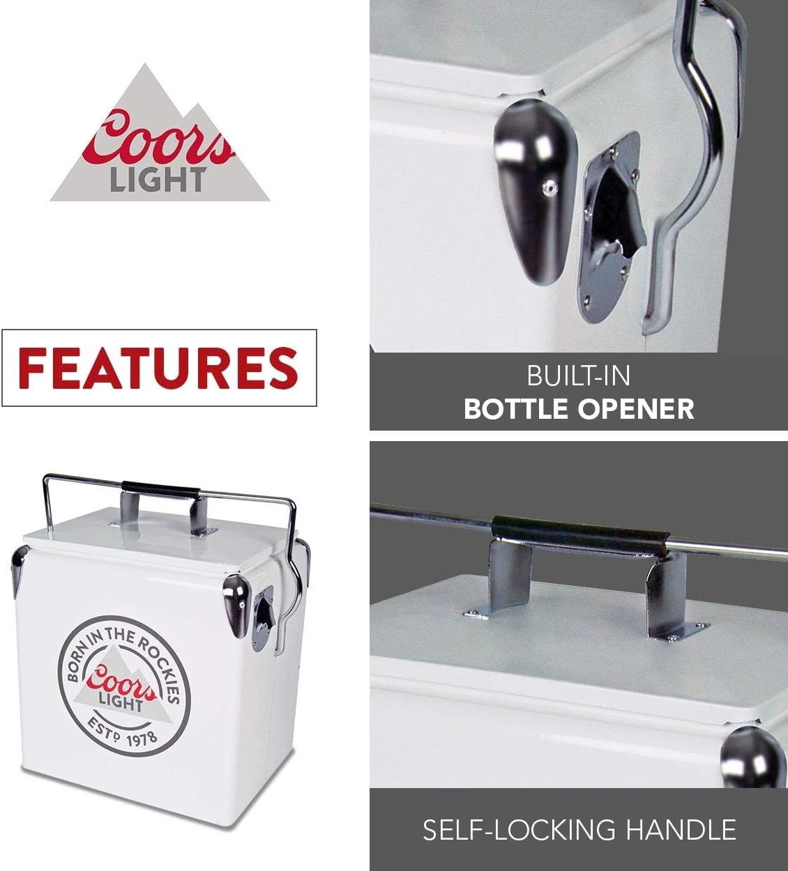 Coors Light Ice Chest Cooler - Portable Ice Bucket with Bottle Opener, Vintage Style, Insulated for Camping, Beach, Picnic, RV, BBQs, Tailgating, Fishing, Steel-Belted 18 Can Ice Box, 13L (14 qt)
