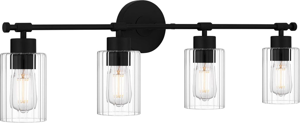 Quoizel Caputo Bath Vanity Lights, 32 Inch 4-Light Matte Black Lighting Fixtures Over Mirror, Clear Ribbed Glass, 100W, Modern Industrial Wall Mount Light for Bathroom, Dresser or Sink