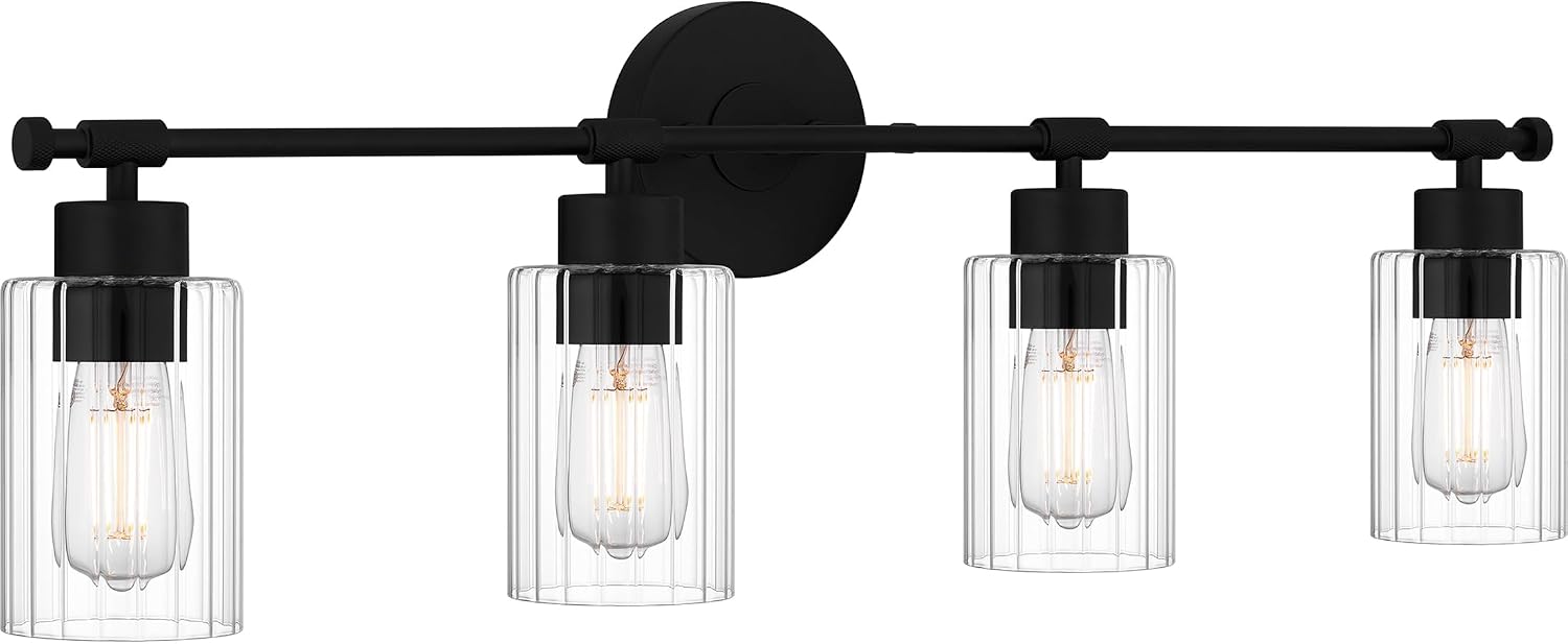 Quoizel Caputo Bath Vanity Lights, 32 Inch 4-Light Matte Black Lighting Fixtures Over Mirror, Clear Ribbed Glass, 100W, Modern Industrial Wall Mount Light for Bathroom, Dresser or Sink