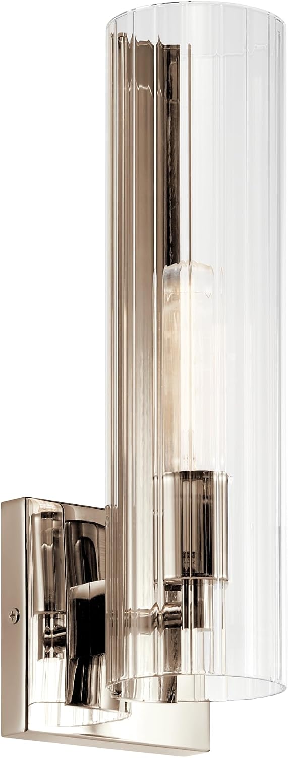 Kichler Jemsa 1 Light Wall Sconce, Modern Light with Clear Fluted Glass in Polished Nickel for Bathroom, Powder Room, Sides of Fireplace, Down a Hallway, Kitchen, or Bedroom (14' x 4.75'), 55165PN