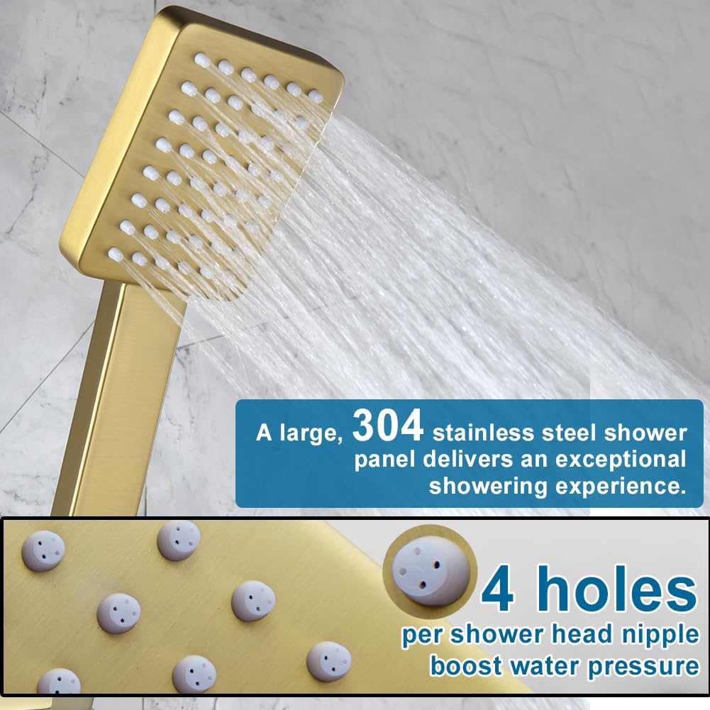 Brushed Gold Shower Faucet Set, Push Button Diverter Shower System, 12 Inch Ceiling Shower Head with 6 Inch Wall Mounted Shower Head and Handle Set, Include Shower Valve and Trim Kit