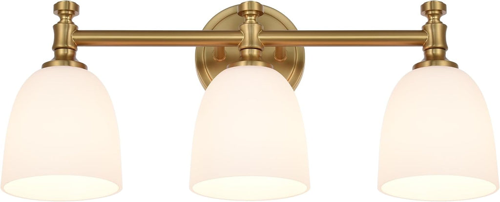 Gold Bathroom Vanity Light, 3-Light Bathroom Light Fixtures Over Mirror, Traditional Vanity Lights for Living Room, Milk White Bell Glass Shades, Standard E26 Base, Aged Brass