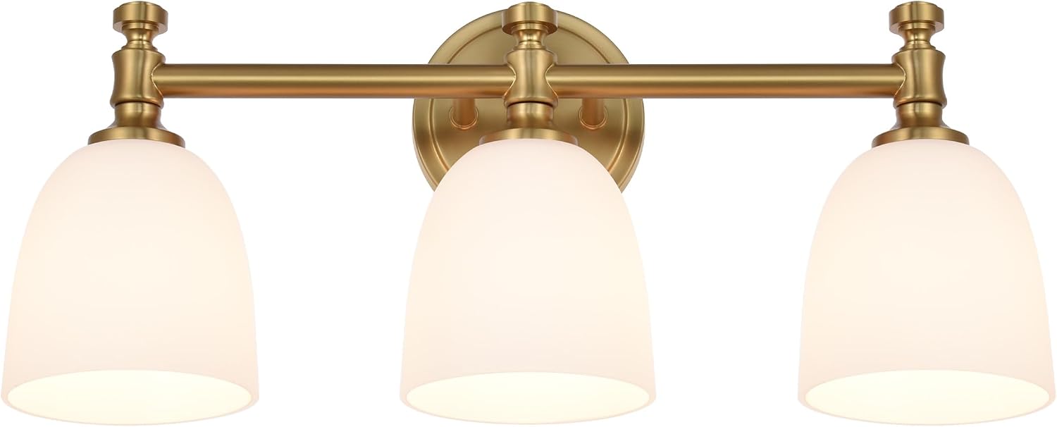 Gold Bathroom Vanity Light, 3-Light Bathroom Light Fixtures Over Mirror, Traditional Vanity Lights for Living Room, Milk White Bell Glass Shades, Standard E26 Base, Aged Brass