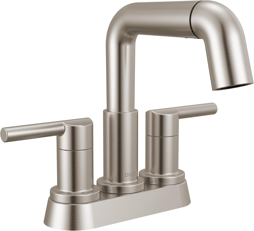 Delta Nicoli Centerset Brushed Nickel Bathroom Faucet with Sprayer, 4 Inch 3 Hole Bathroom Sink Faucet with Pull Out Sprayer, Push-Pop Drain, Stainless 25849LF-SSPD