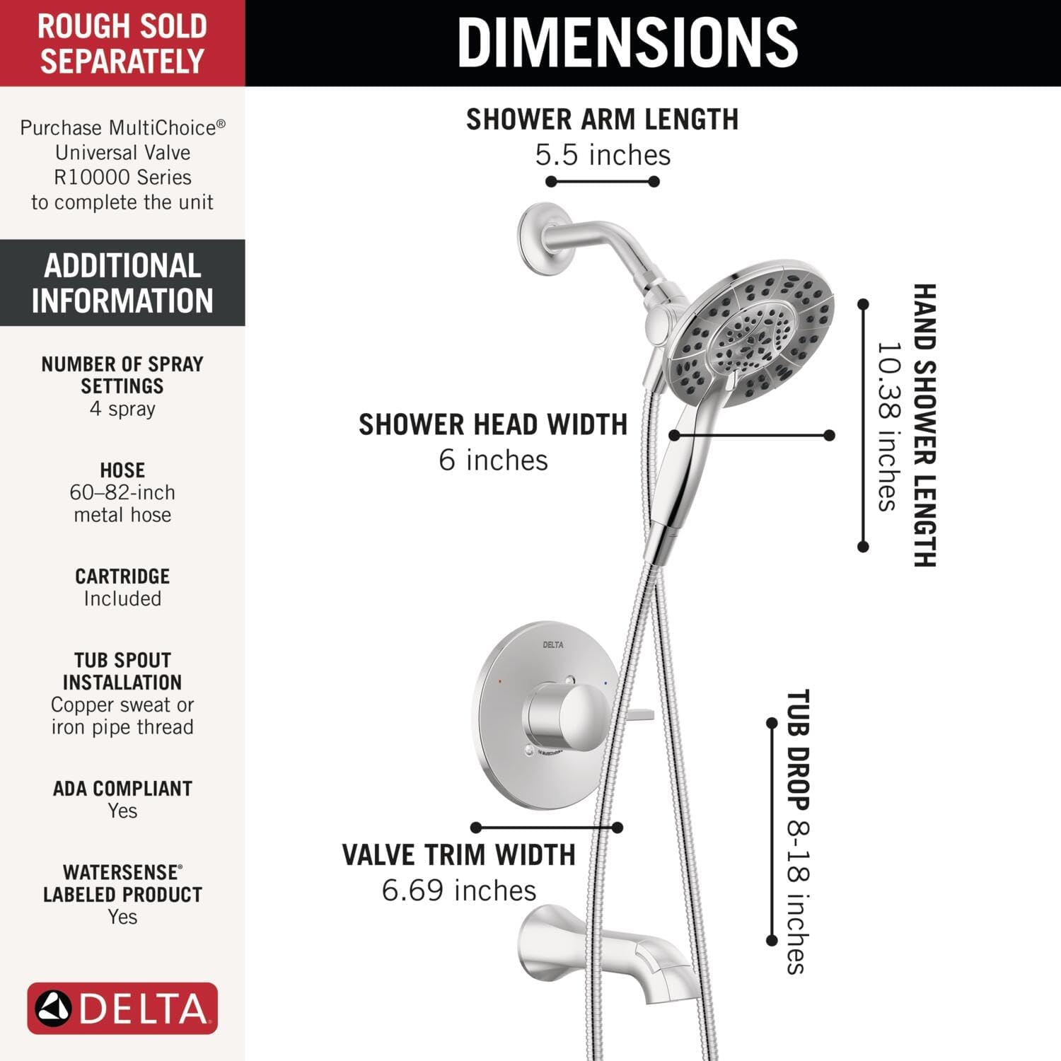 Delta Albion Bathtub Shower Faucet Set in Chrome 1.75 GPM, T144855-I