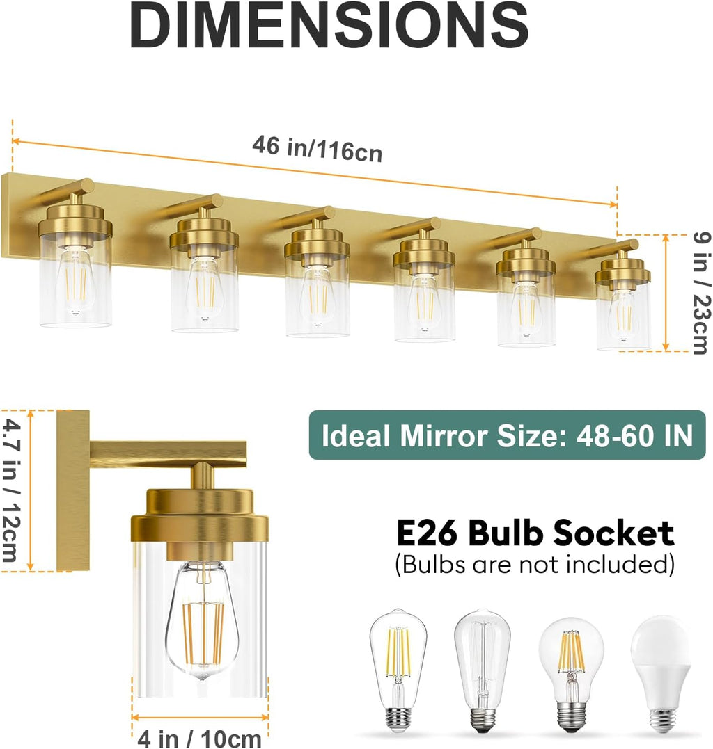 IZORRO Bathroom Vanity Light Fixture, 6-Light 46 Inch Gold Bathroom Light Fixtures Over Mirror, with Clear Glass Shade, Modern Farmhouse Vanity Lights, Rustic Restroom Lighting Fixtures