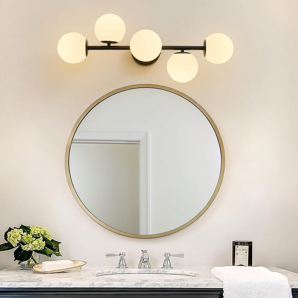 Black LED Bathroom Vanity Light: 5 Lights Mid Century Modern Milk White Glass Globe Vanity Light Fixture over Mirror - Unique Dimmable Hardwired Matte Black Bath Room Makeup Globe Wall Sconce Lighting