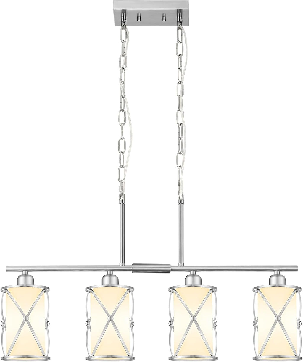 4-Light Kitchen Island Lighting, Linear Brushed Nickel Dining Room Light Fixtures with Milk Glass, Modern Industrial Chandelier Pendant Light for Kitchen Island Dining Room, CH9176BNW-4IS
