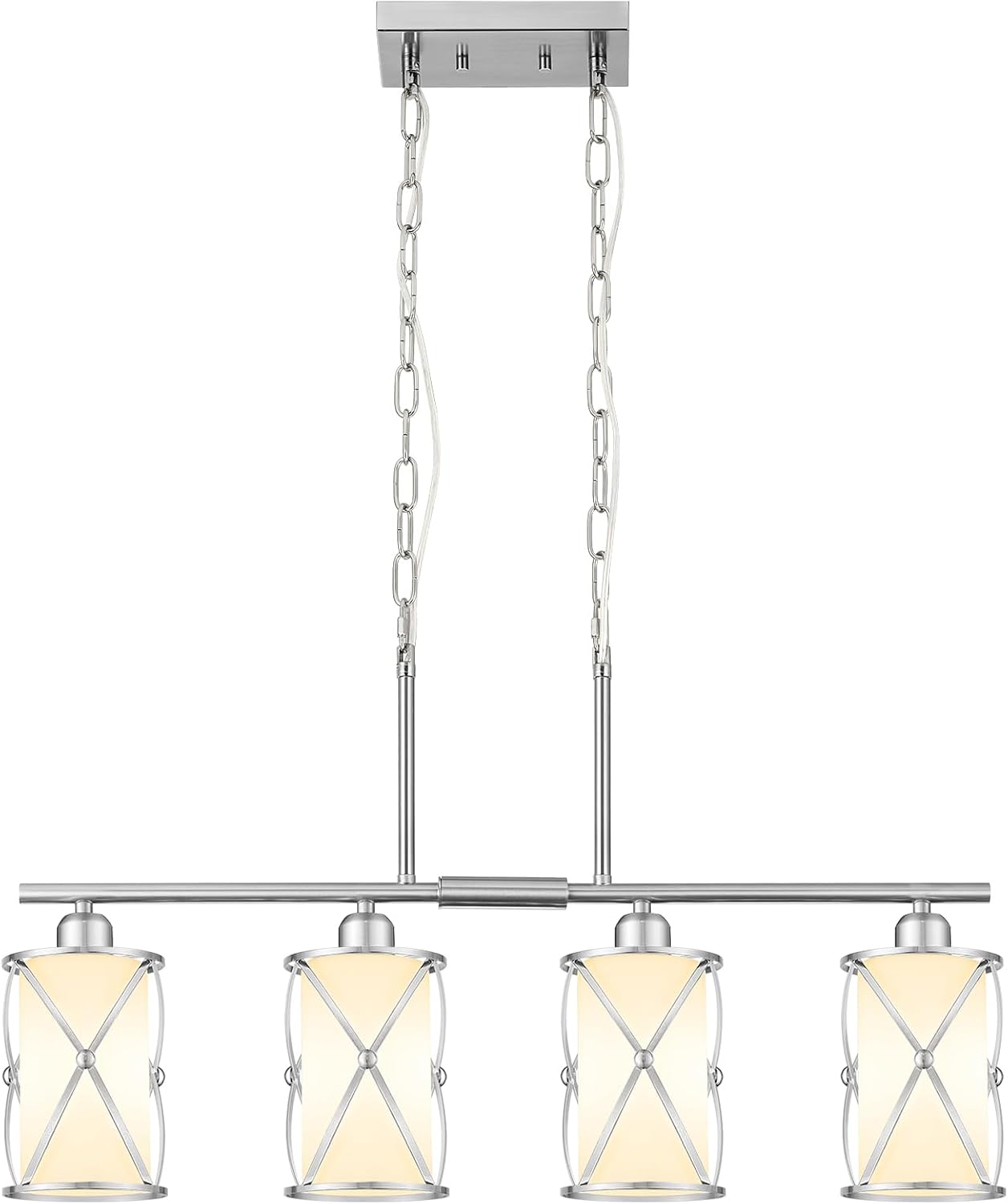 4-Light Kitchen Island Lighting, Linear Brushed Nickel Dining Room Light Fixtures with Milk Glass, Modern Industrial Chandelier Pendant Light for Kitchen Island Dining Room, CH9176BNW-4IS