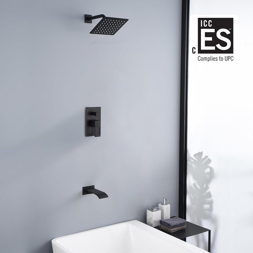 sumerain Black Tub and Shower Faucet Set with Anti-scalding Pressure Balance Valve, Waterfall Tub Spout and 8 Inch Rain Shower Head