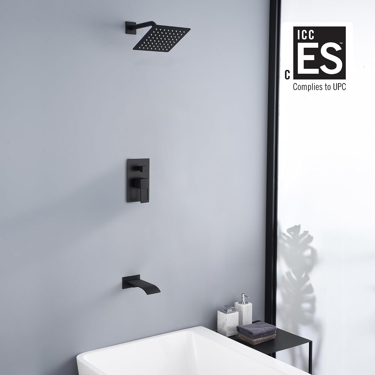 sumerain Black Tub and Shower Faucet Set with Anti-scalding Pressure Balance Valve, Waterfall Tub Spout and 8 Inch Rain Shower Head