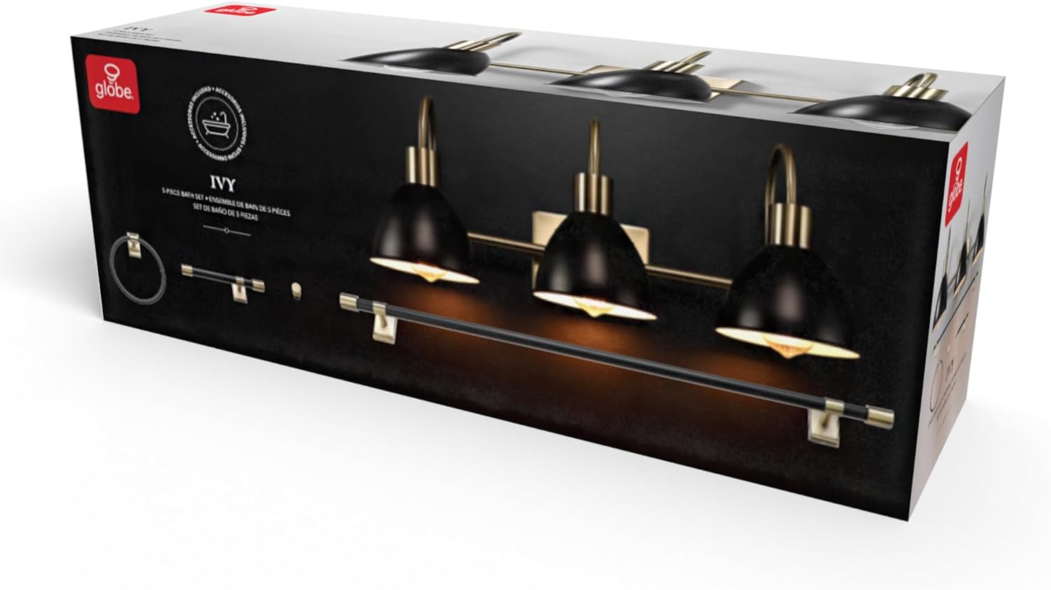 GLOBE Electric 63000058 5-Piece All-in-One Bathroom Accessory Set, Brass & Black, 3-Light Vanity Light, Towel Bar, Toilet Paper Holder, Towel Ring, Robe Hook, Bathroom Lights Over Mirror