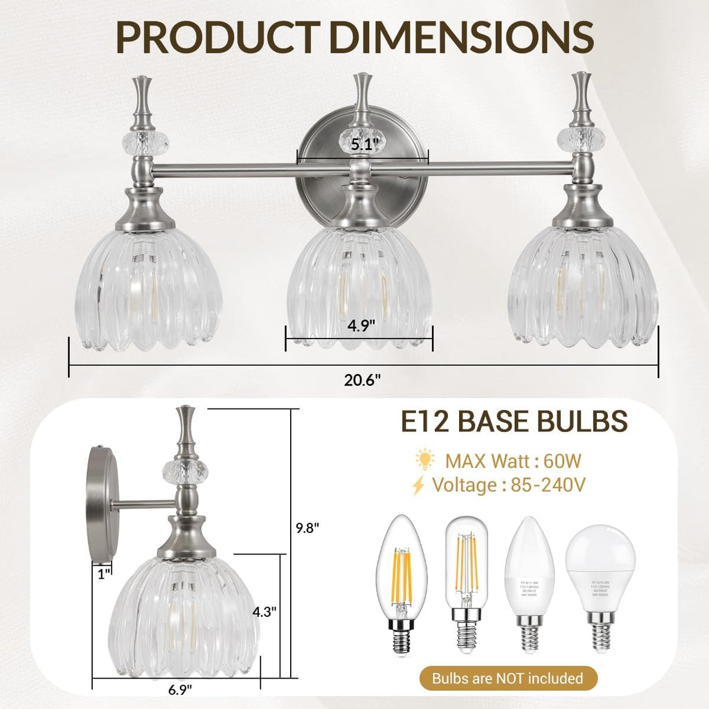 ANDY STAR 3-Light Brushed Nickel Bathroom Vanity Light, Transitional Sconce | Ribbed Glass & Crystal Accent, Damp-Resistant, Ceramic E12 Base, Reversible Up/Down Mounting