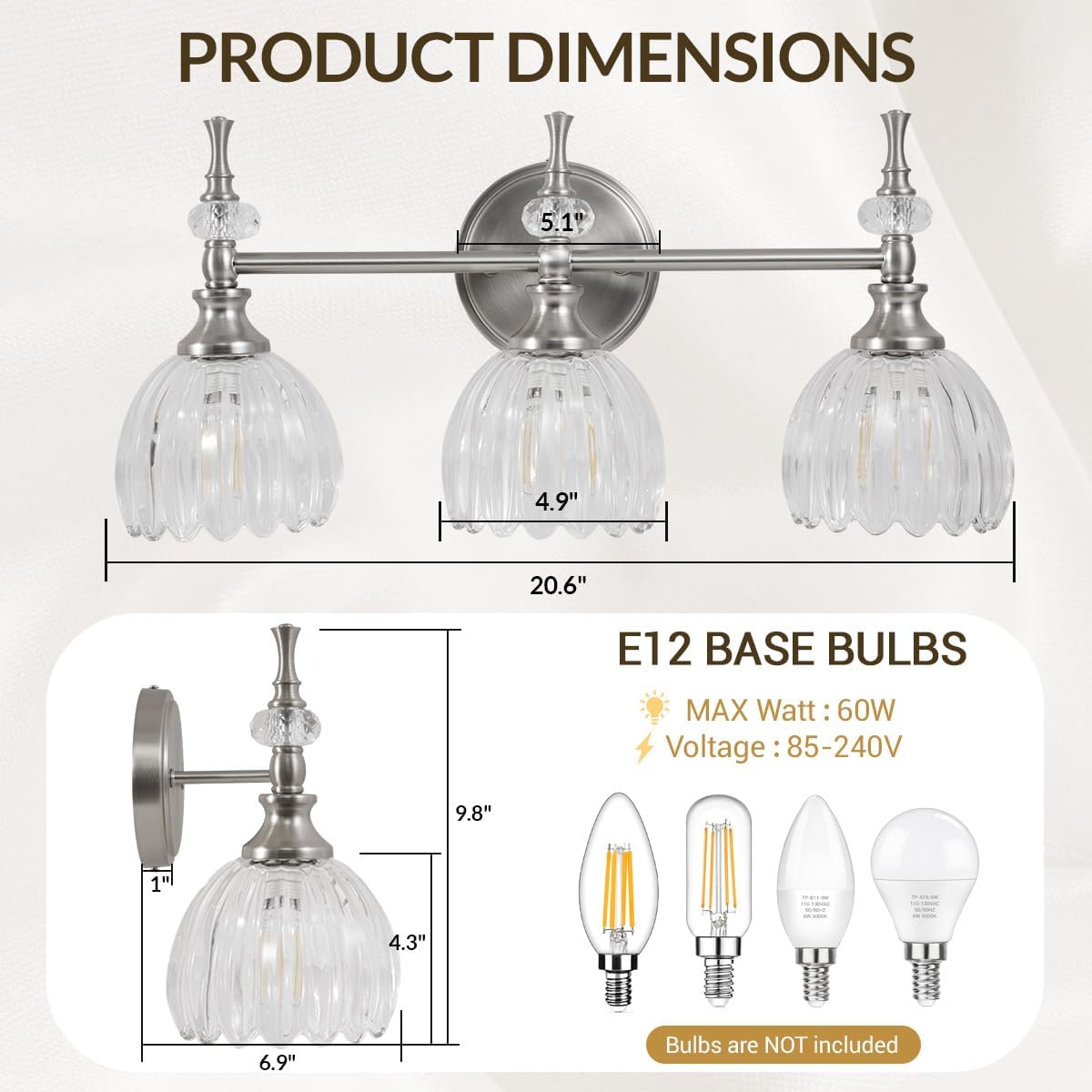 ANDY STAR 3-Light Brushed Nickel Bathroom Vanity Light, Transitional Sconce | Ribbed Glass & Crystal Accent, Damp-Resistant, Ceramic E12 Base, Reversible Up/Down Mounting