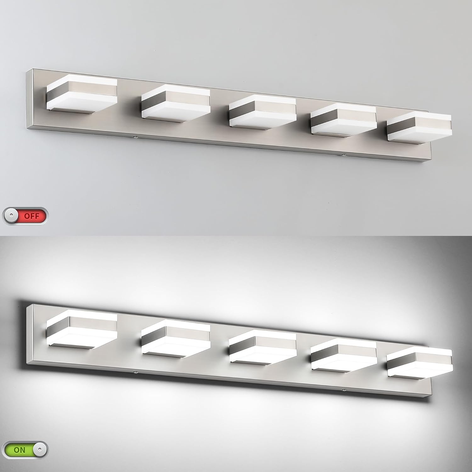 SOLFART 5 Light Bathroom Vanity Light, Brushed Nickel Vanity Lighting Fixtures Over Mirror, Modern LED Lights for Bathroom Cool Light 6000K