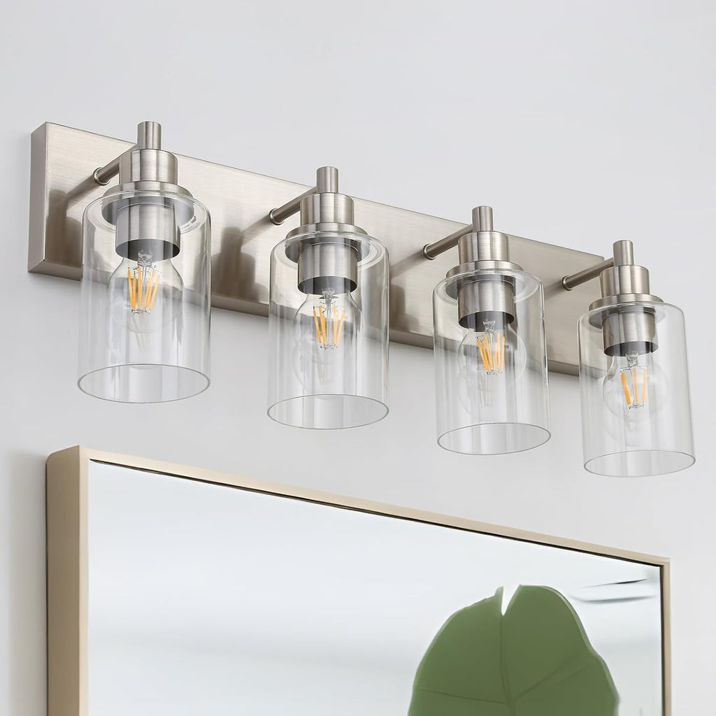 LOUSACE 4 Light Bathroom Vanity Light Brushed Nickel, Bathroom Lighting Fixtures with Clear Glass Shades Over Vanity Mirror, Modern Wall Sconces Fixtures for Bedroom Living Room, E26 Socket
