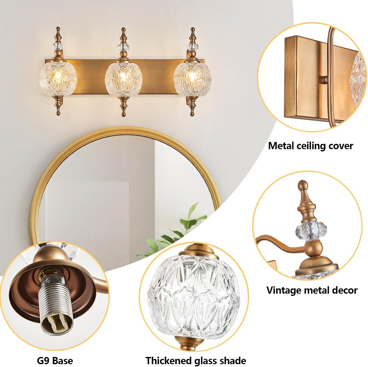Vintage Bathroom Vanity Light Fixtures, 3 Lights Bathroom Wall Sconce Lighting Matte Brushed Antique Brass Finish with Crystal Glass Shade, Vintage Vanity Light for Bathroom Bedroom
