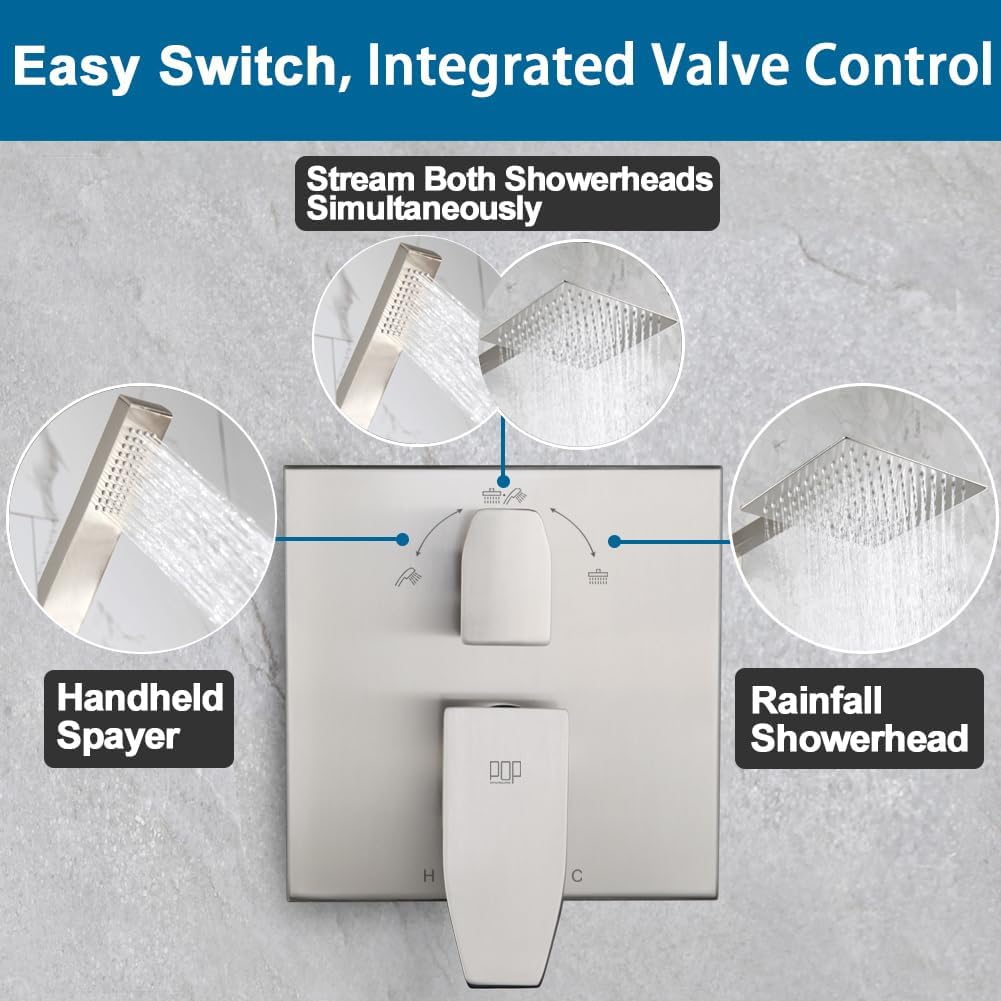 Shower Faucet Set Brushed Nickel Rainfall 8 Inch Shower Head and Handle Set Bathroom Rain Shower System Wall Mounted Shower Fixture Include Shower Valve and Trim Kit