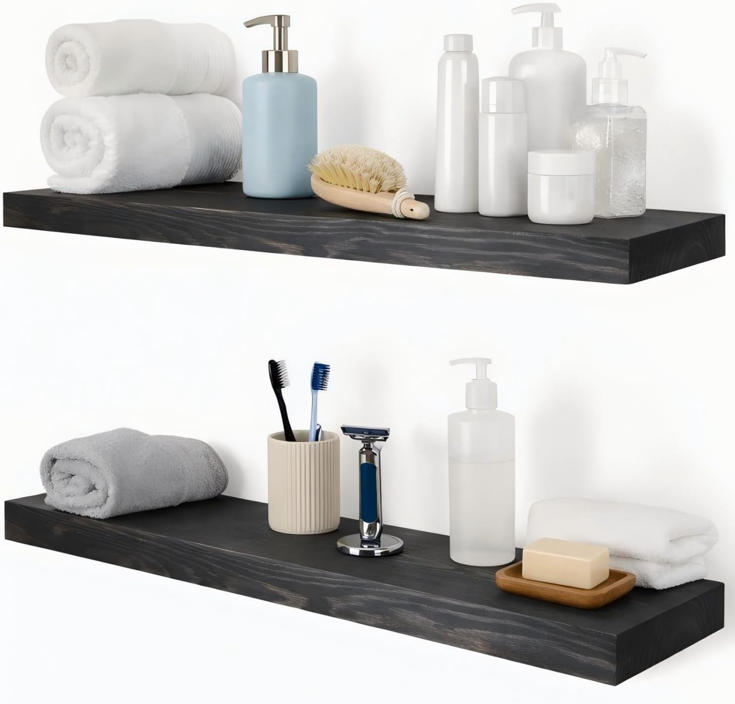 Wood Floating Shelves Set of 2, 36 Inch Long, 8 Inch Deep Solid Wood Wall Mounted Shelves for Living Room Kitchen, Book Shelf for Wall with Hidden Bracket - Black