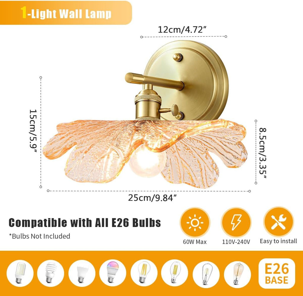 Unique Wall Light Set of 2 with Amber Glass Petals Over Mirror | Vintage Wall Sconce Set of 2 Bathroom Vanity Lights, flower Glass Shade ＆Gold Brass E26 Base, Easy to install, For Hallway