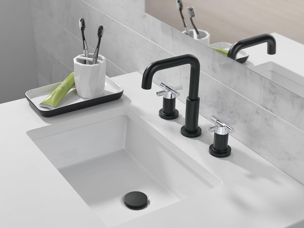 Delta Faucet Nicoli Widespread Bathroom Faucet 3 Hole, Black/Chrome Bathroom Faucet, Bathroom Sink Faucet, Drain Assembly, Matte Black/Chrome 35894LF-CS
