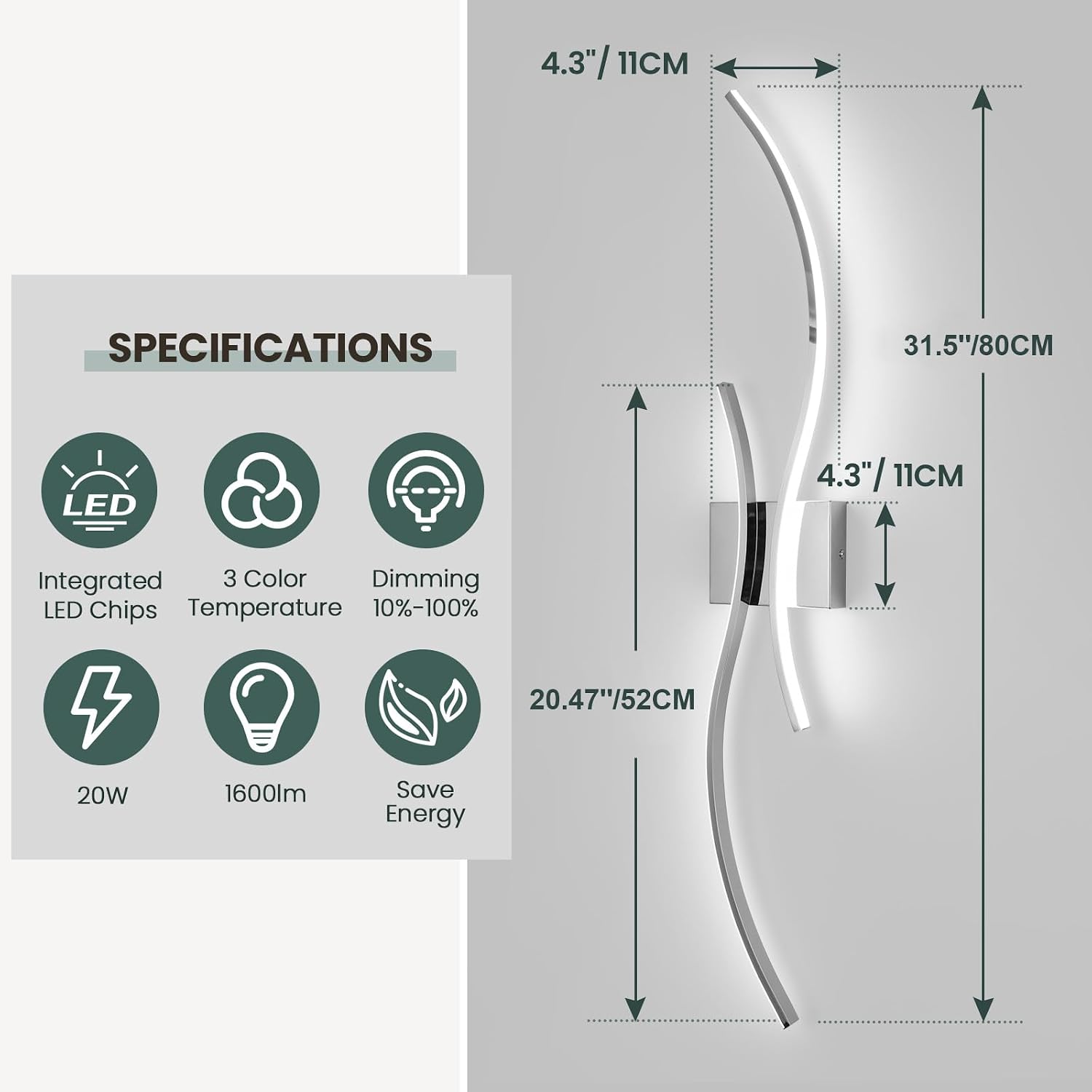 CANEOE Modern Wall Sconce Set of, 5CCT Dimmable Indoor Led Wall Sconce Lighting Set of 2, 31.5 Inch Wall Light Fixtures, Chrome Led Wall Lamps for Living Room Bedroom Bathroom Hallway