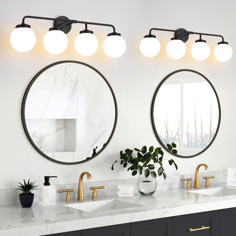 Bathroom Light Fixtures Over Mirror, 4-Light Matte Black Vanity Lighting with Milk White Glass Globe Shades Modern Wall Sconce