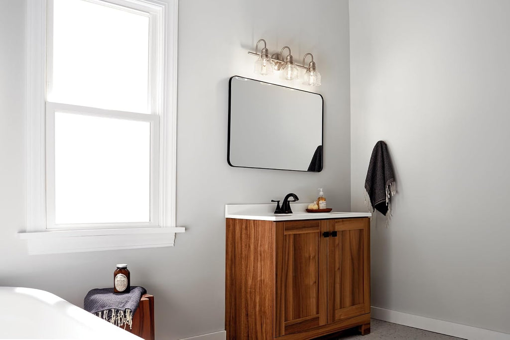 Kichler Avery 24' 3 Light Bathroom Vanity Light in Brushed Nickel, Vintage Bathroom Wall Mount Fixture with Clear Seeded Glass, (24' W x 9.25' H), 45973NI