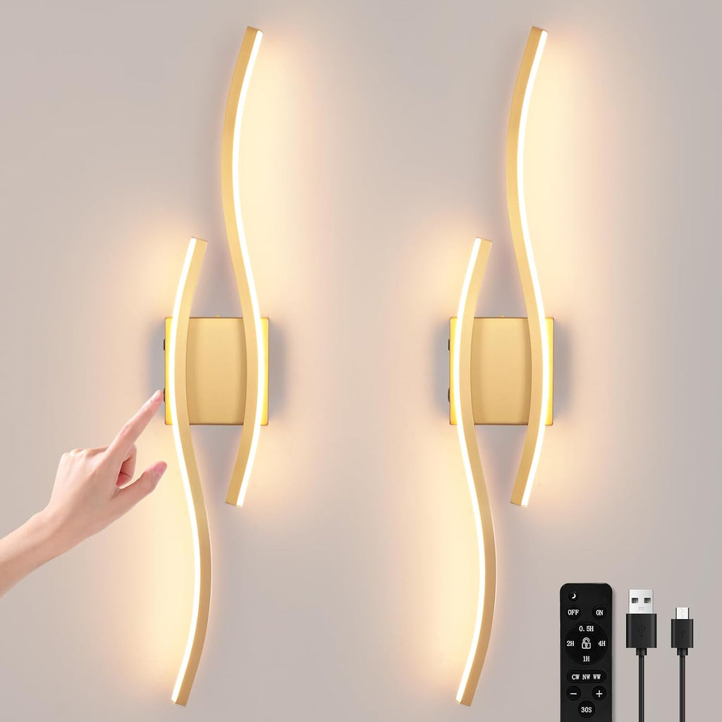 Modern LED Wall Sconce Set of Two, Battery Powered Wall Sconces Set of 2 with Timer, Gold Wall Light with Remote, LED Wall Lamp Indoor not Hardwired for Bathroom Living Room Bedroom Corridor