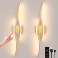 Modern LED Wall Sconce Set of Two, Battery Powered Wall Sconces Set of 2 with Timer, Gold Wall Light with Remote, LED Wall Lamp Indoor not Hardwired for Bathroom Living Room Bedroom Corridor