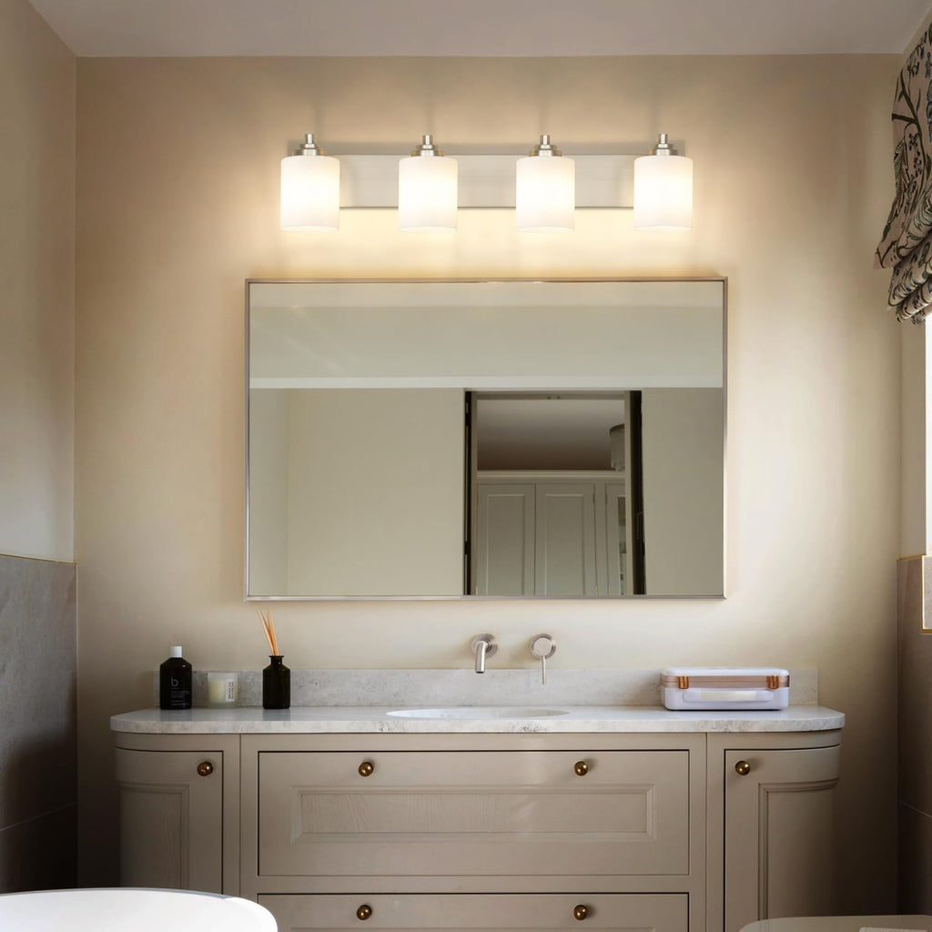 SOLFART Brushed Nickel Bathroom Vanity Light Vintage 4 Light Wall Light with Milky White Globes, 4 Lights Modern Over Mirror Lighting Fixture for Bathroom