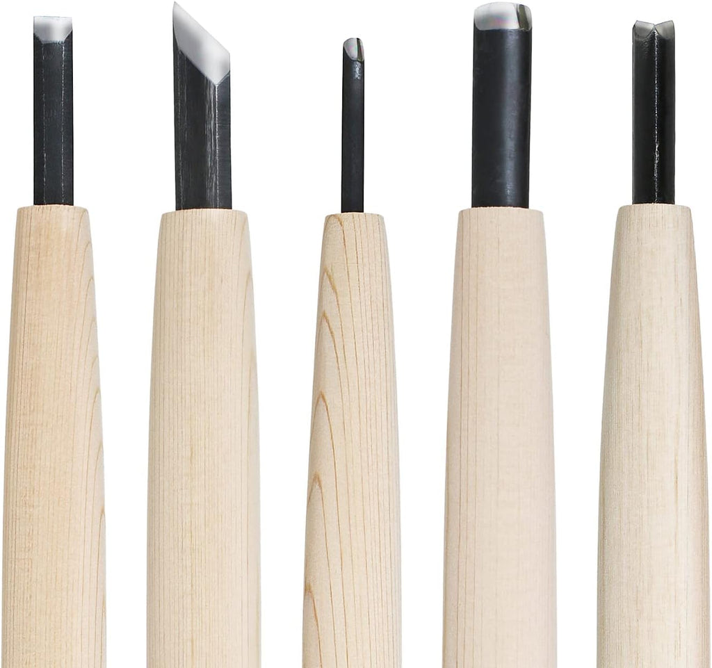 KAKURI Japanese Wood Carving Knife Set (5 Pcs) Made in Japan, Professional Wood Carving Tools for Linoleum Carving, Linocut, Printmaking, AOGAMI Blue Paper Steel #2 Blade