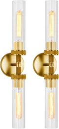 LaLuLa 2-Light Gold Bathroom Vanity Light Fixtures 2-Pack – Hardwired Wall Sconces with Rippled Glass Shades and Textured Metal Frame, Modern Vanity Lighting for Mirror, Bedroom, or Hallway, 25'