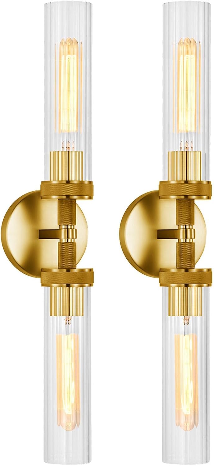 LaLuLa 2-Light Gold Bathroom Vanity Light Fixtures 2-Pack – Hardwired Wall Sconces with Rippled Glass Shades and Textured Metal Frame, Modern Vanity Lighting for Mirror, Bedroom, or Hallway, 25'