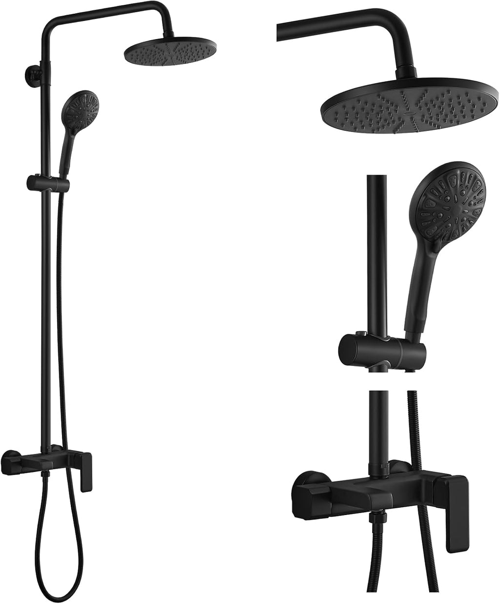 gotonovo Matte Black Exposed Shower Fixture Faucet Set Triple Function 8 Inch Rainfall Showerhead and Tub Spout Shower System Combo Unit, Multi Functional ABS Handheld