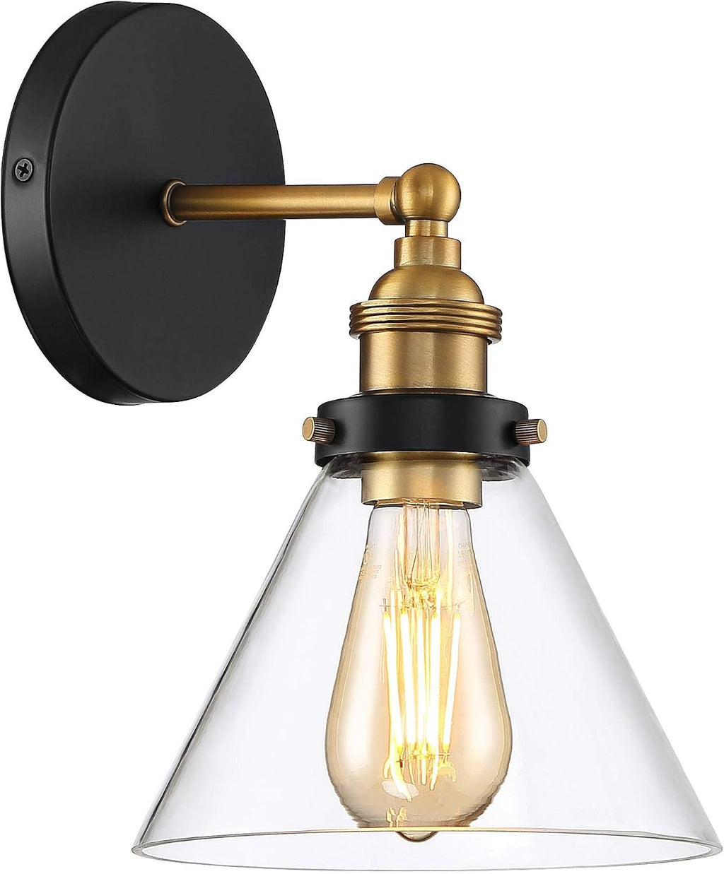 360 Lighting Burke Modern Industrial Wall Light Sconces Set of 2 Black and Brass Hardwire 7 1/4' Fixture Clear Glass Cone Shade for Bedroom Bathroom Bedside Vanity Living Room Home Hallway