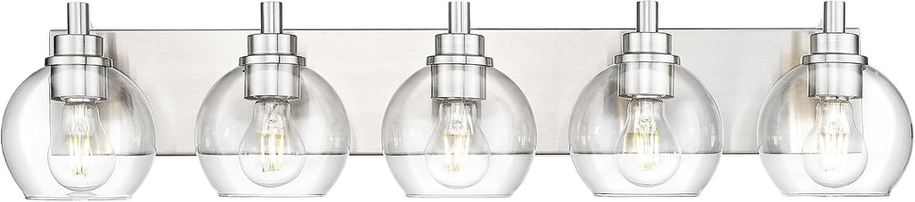 Bathroom Light Fixtures, 5 Light Brushed Nickel Vanity Light, 32 Inch Modern Wall Sconces with Globe Clear Glass Shade, Vanity Lighting Fixtures Over Mirror, VL195-BN-CL-5