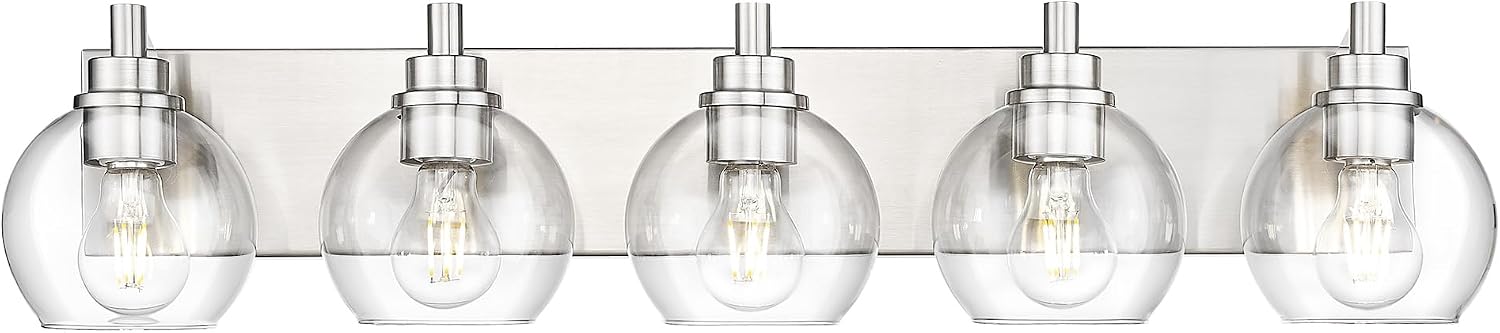 Bathroom Light Fixtures, 5 Light Brushed Nickel Vanity Light, 32 Inch Modern Wall Sconces with Globe Clear Glass Shade, Vanity Lighting Fixtures Over Mirror, VL195-BN-CL-5