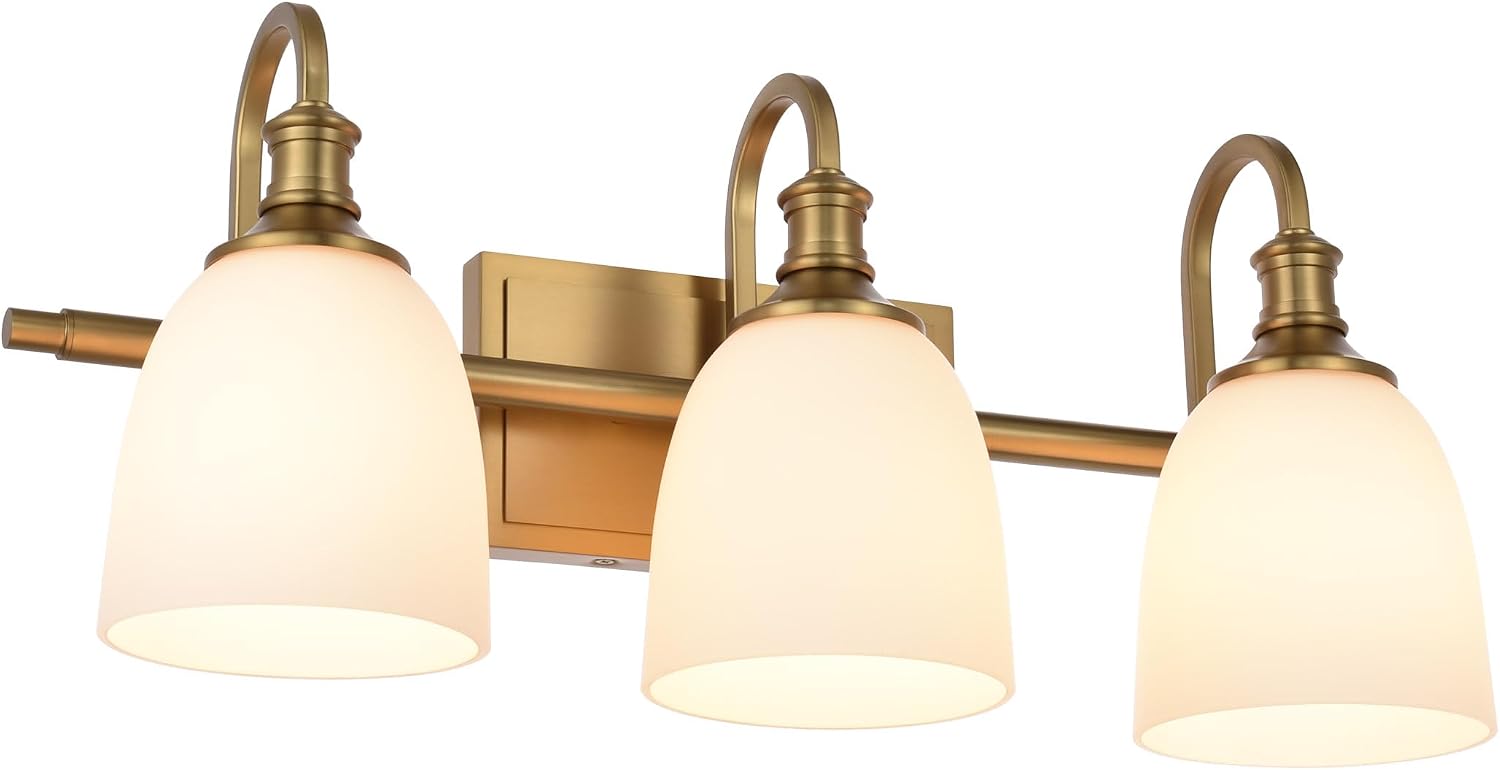 3 Light Aged Brass Vintage Bathroom Vanity Light Fixtures | Vintage, 3-light Bathroom vanity light, living room light, over mirror, over table, gold, aged brass