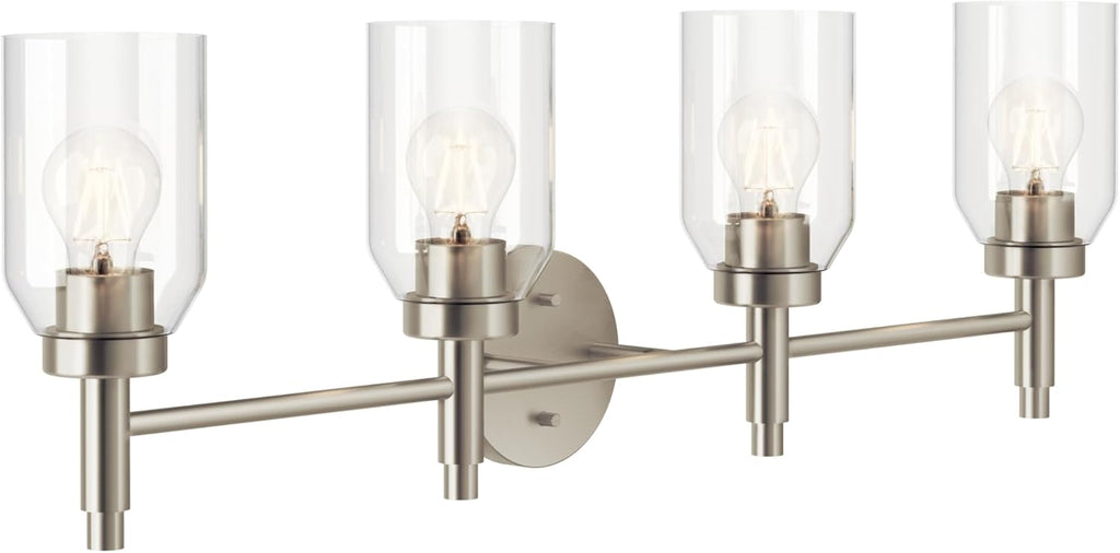 Kichler Madden 4-Light Bathroom Vanity Light Fixture with Clear Glass in Brushed Nickel, Modern Wall Mount for Single or Double Vanity Over Mirror (10.5' x 34'), 55186NI