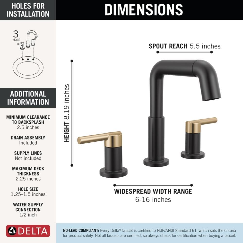 Delta Nicoli Matte Black/Brushed Gold Bathroom Faucet with Sprayer, 8 Inch 3 Hole Widespread Bathroom Sink Faucet with Pull Out Sprayer, Push-Pop Drain, Matte Black/Champagne Bronze 35849LF-GZPD