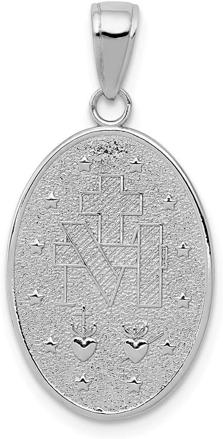 14K White Gold White Miraculous Medal High Polish and Satin Finish - Oval Shape Pendant